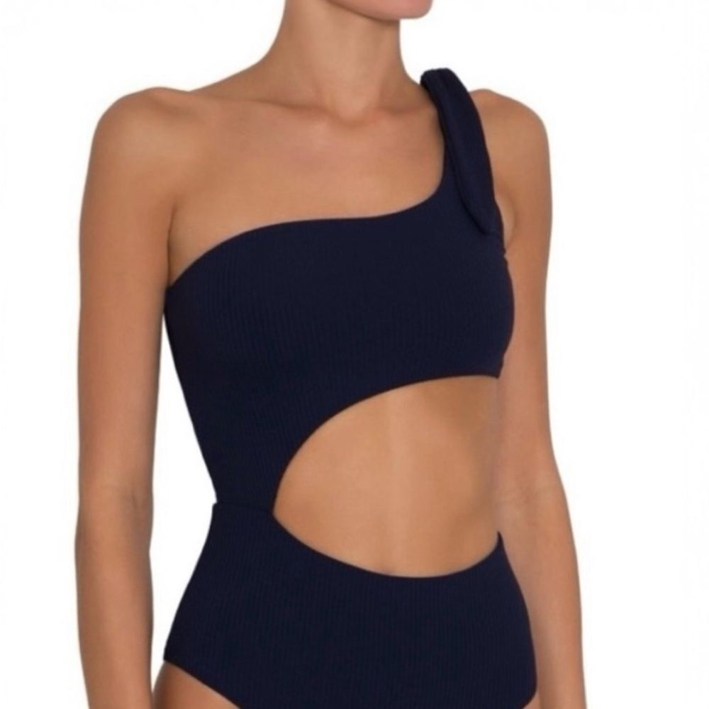 Eberjey Ibiza One-Shoulder Cutout Swimsuit Navy, size small
